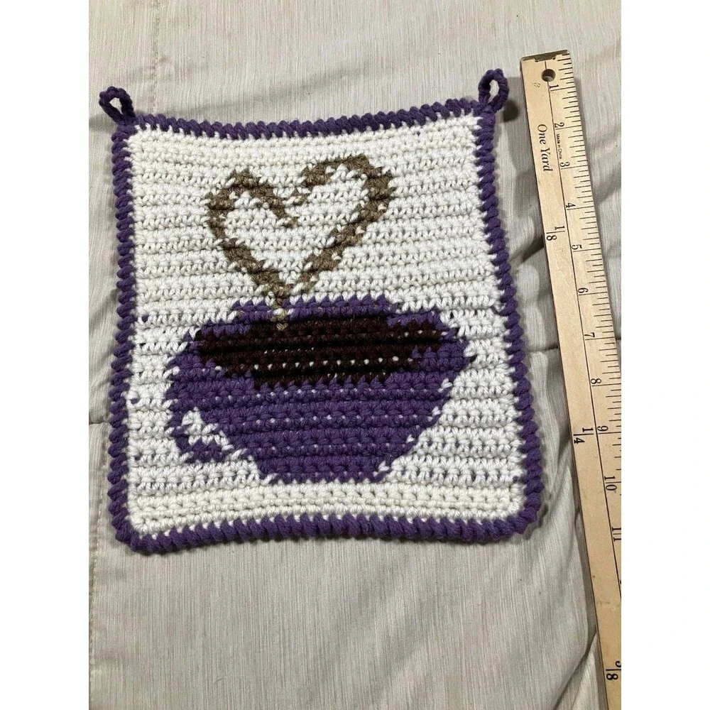 Handmade Crochet Hot Pad Potholder White Purple Cup Of Coffee Love Heart